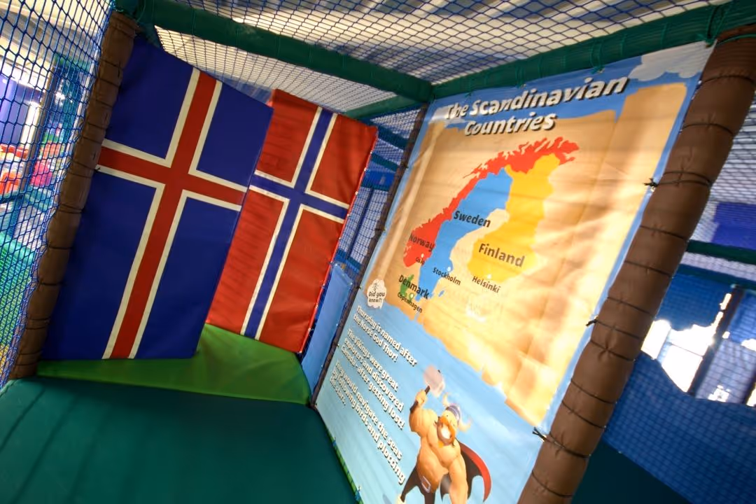 Scandinavian flags within Bubbles Play Centre in New Brighton, Wirral