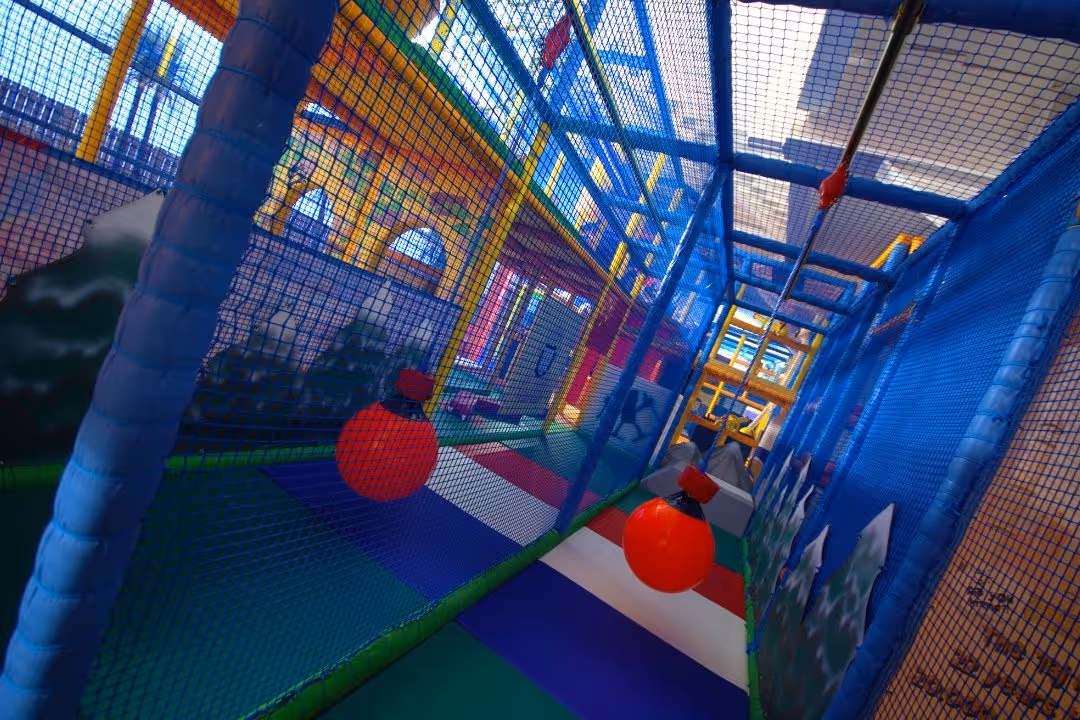 French themed aerial glide in soft play area of Bubbles World of Play, close to New Brighton beach and New Brighton fair