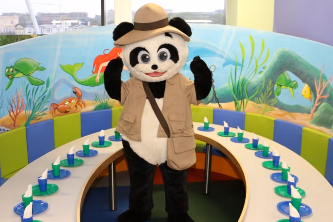 Bubbles the Panda mascot in our Underwater themed Children's Birthday Party Booth at Bubbles Play Area, New Brighton