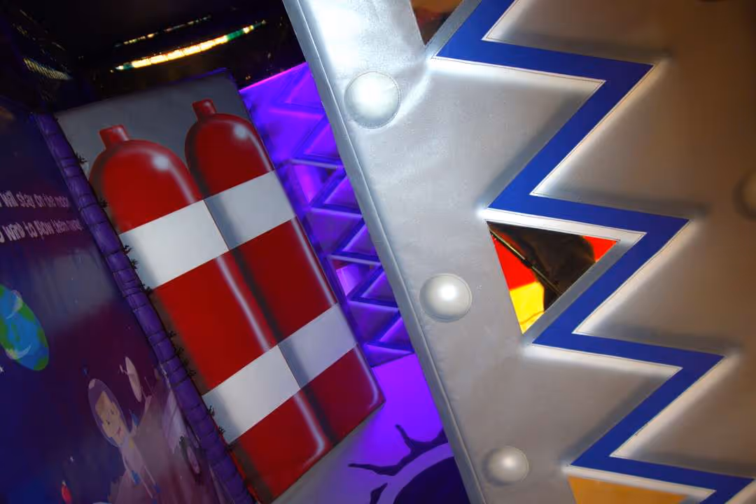 Space themed play zone in under 11s indoor play frame within Bubbles World of Play, Merseyside